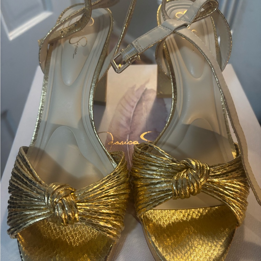 Jessica Simpson Metallic Gold Knot-Front Heeled Sandals - Picture 8 of 9